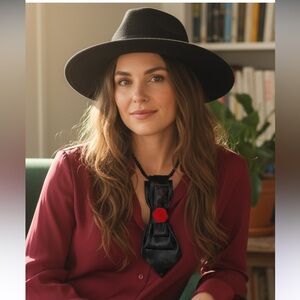 “Dainty Dapper” our simpler design, Black necktie necklace with red rose design